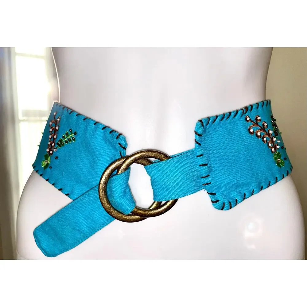 Turquoise Cotton Beaded Belt, Stitching, beads, sequins, dress‎ up or down, M/L